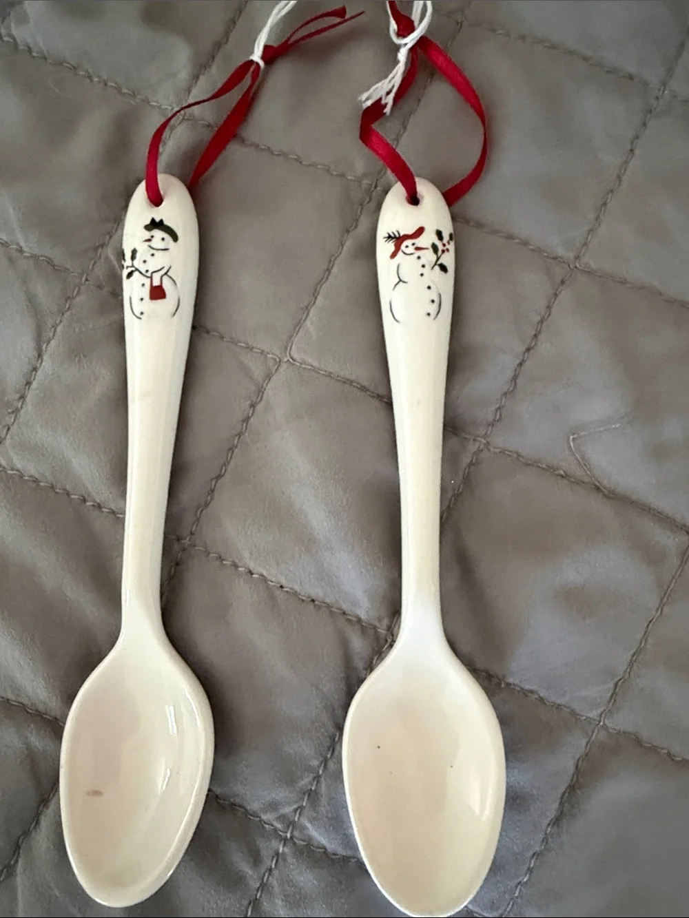 Festive Ceramic Snowman Spoons with Red Ribbon - Set of 5